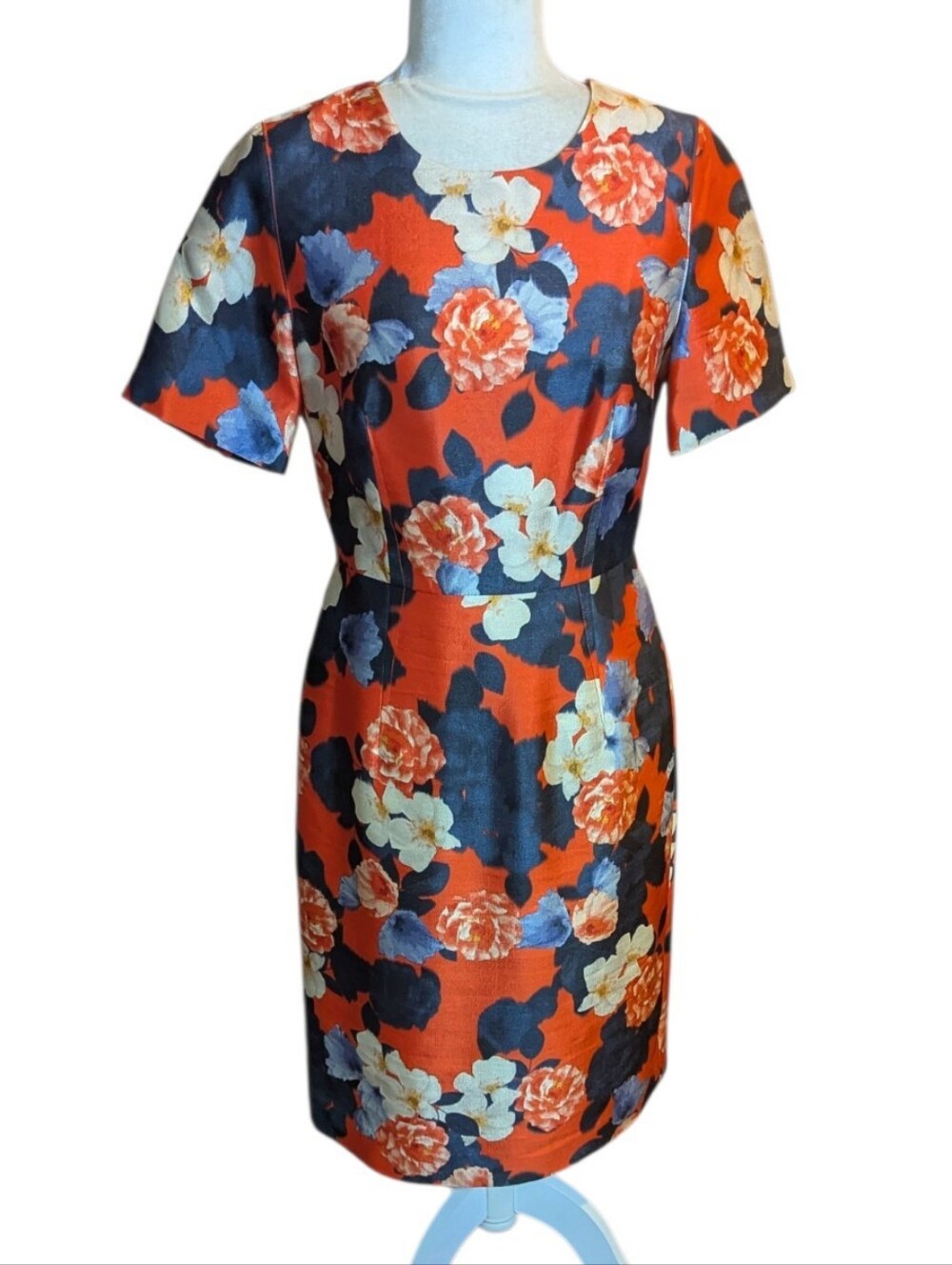 J. Crew Silk Blend Floral Midi Dress Orange/ Navy/Cream Short Sleeves Dress Sz 4